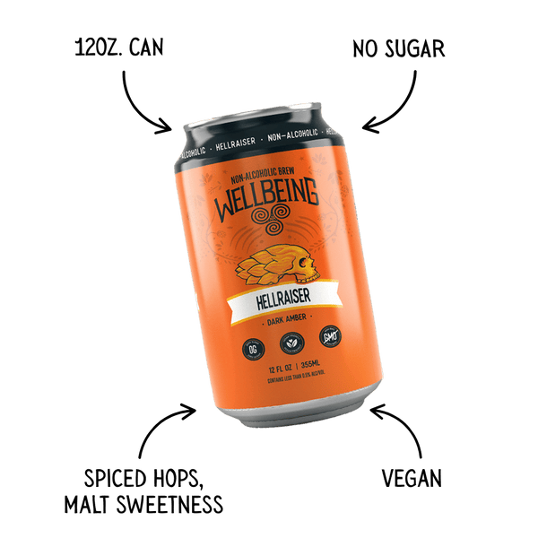 WellBeing Brewing Hellraiser Dark Amber 12oz can with feature points listed: 12oz can | No Sugar | Spiced Hops, Malt Sweetness | Vegan