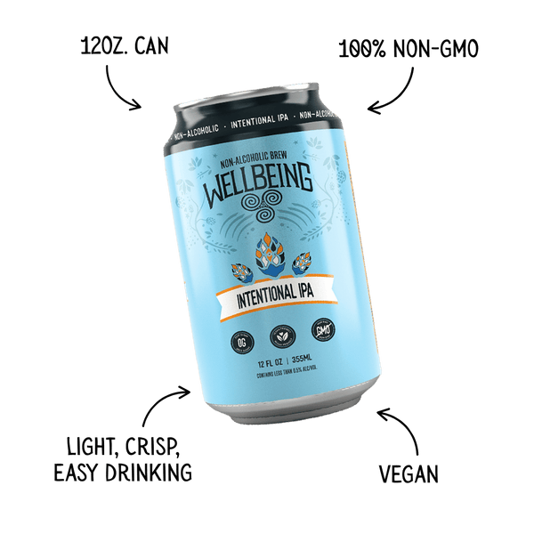 WellBeing Brewing Intentional IPA 12oz can with feature points listed: 12oz can | 100% Non-GMO | Light, Crisp, Easy Drinking | Vegan