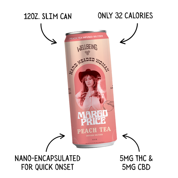 Margo Price Peach Tea Seltzer 12oz Slim Can Features – 5mg THC 5mg CBD, 32 Calories, Nano-Encapsulated